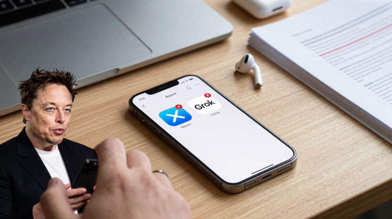 Mesa de escritório com telemóvel a mostrar as apps X e Grok, auricular sem fios e computador portátil.
