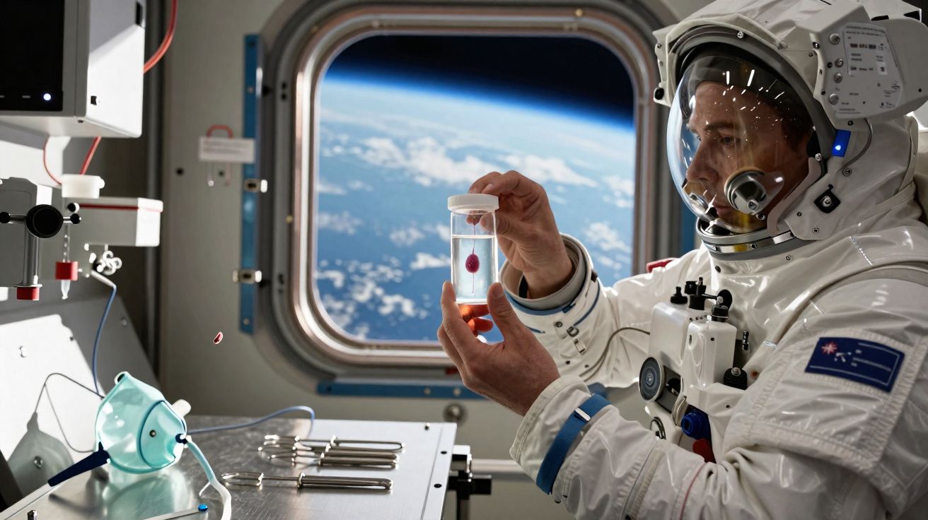 Astronauta a examinar amostra num frasco dentro da Estação Espacial Internacional com vista para a Terra.