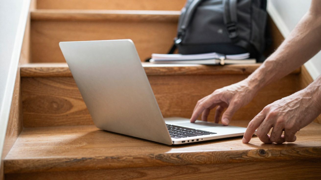 Mãos de pessoa a abrir computador portátil numa escada de madeira com mochila e cadernos ao fundo.