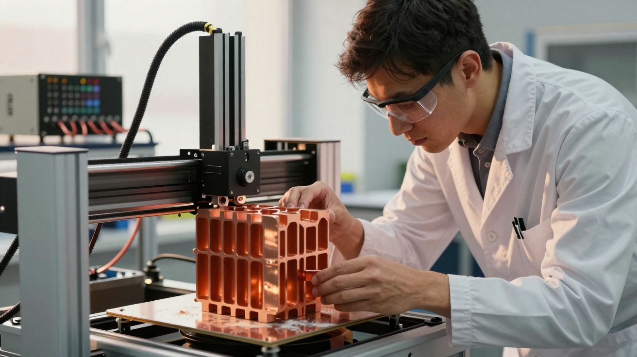 Homem com bata branca e óculos de proteção ajusta objeto impresso numa impressora 3D num laboratório.