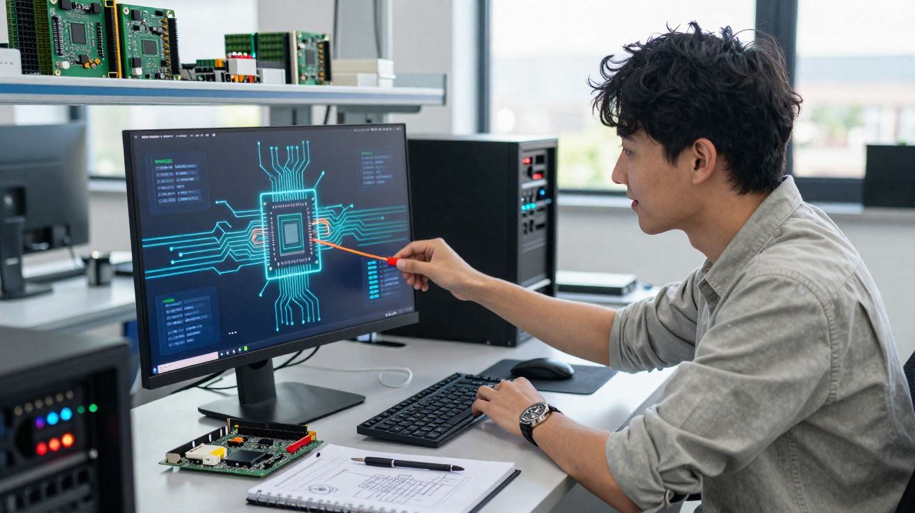 Homem a analisar design de circuito integrado num ecrã de computador numa oficina de eletrónica.