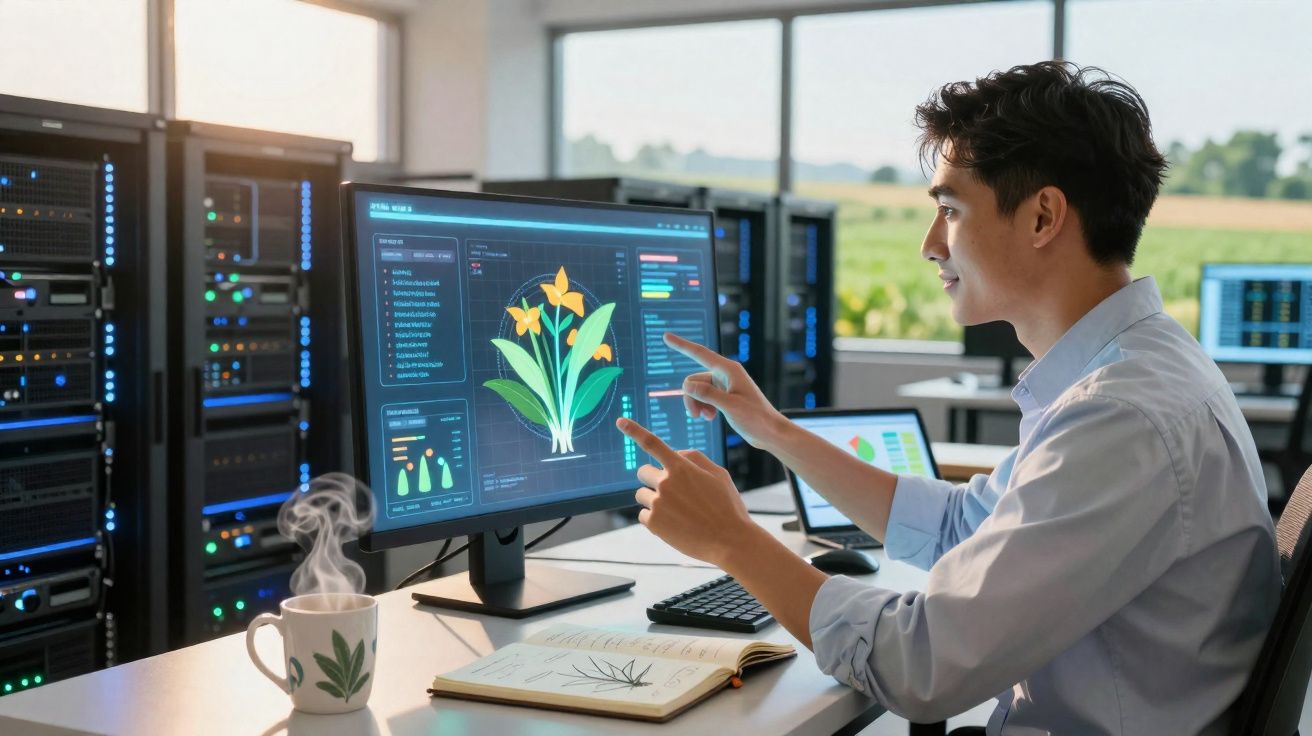 Homem analisa dados de plantas em computador num laboratório tecnológico com jarra de chá e caderno aberto.