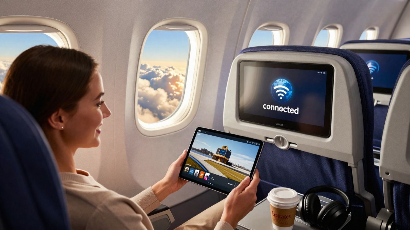 Passageira num avião segura um tablet, com ecrã de entretenimento ligado e vista para as nuvens pela janela.