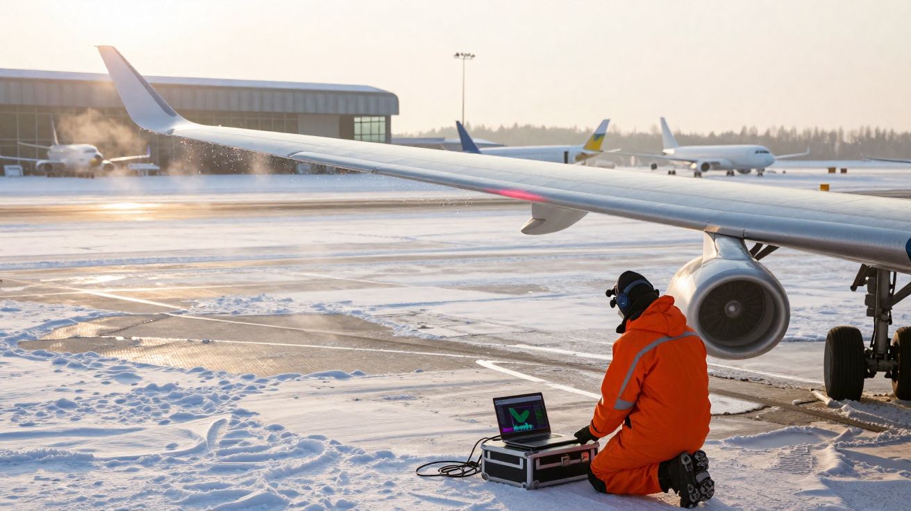 Técnico com roupa de frio laranja trabalha com laptop junto à asa de um avião numa pista coberta de neve.