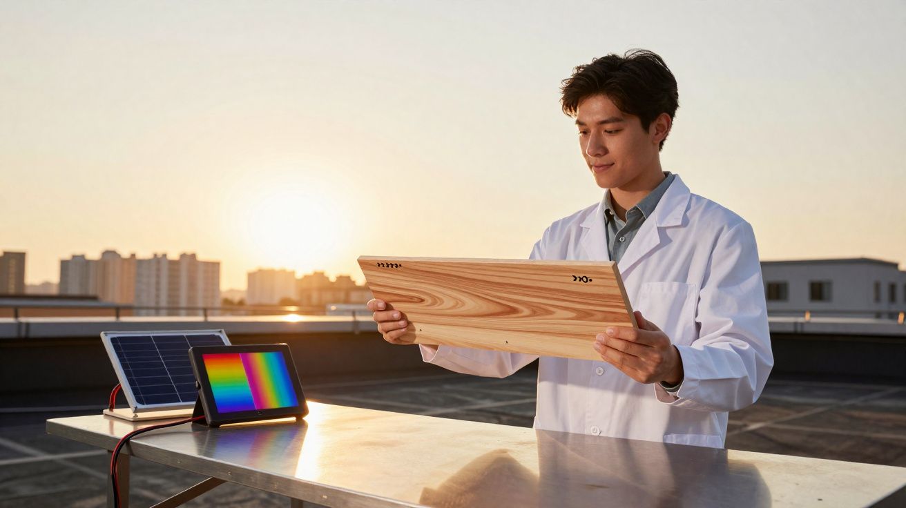Homem com bata de laboratório examina placa solar de madeira num telhado ao pôr do sol.