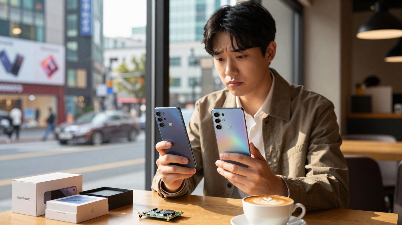 Homem sentado em café a comparar dois smartphones nas mãos, com caixas e cartão eletrónico à sua frente.