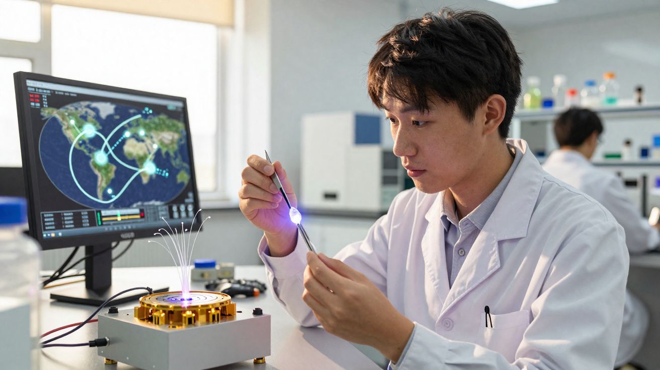 Cientista em bata branca manipula luz azul em laboratório com monitor mostrando mapa-múndi e dados.