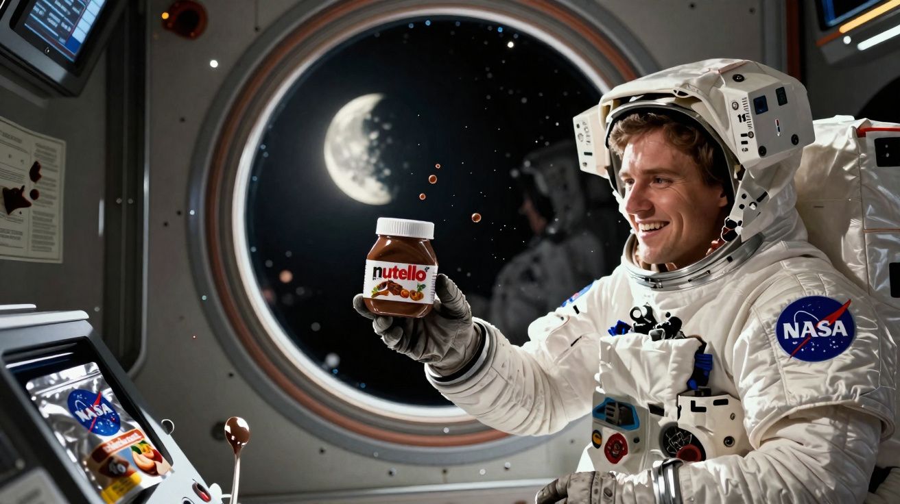Astronauta sorridente dentro da nave espacial segurando um frasco de Nutella com a Lua visível pela janela.