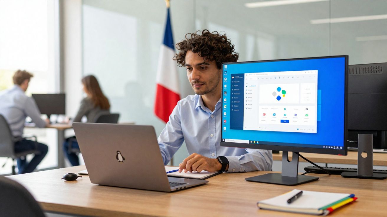 Homem a trabalhar num escritório com computador portátil e monitor com bandeira da França ao fundo.