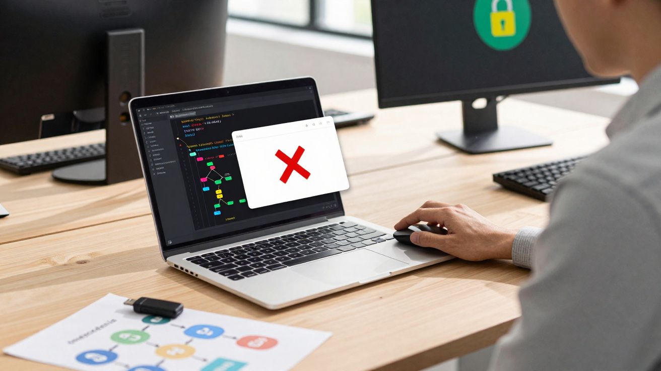 Pessoa a usar portátil com erro marcado no ecrã enquanto programa código num escritório.