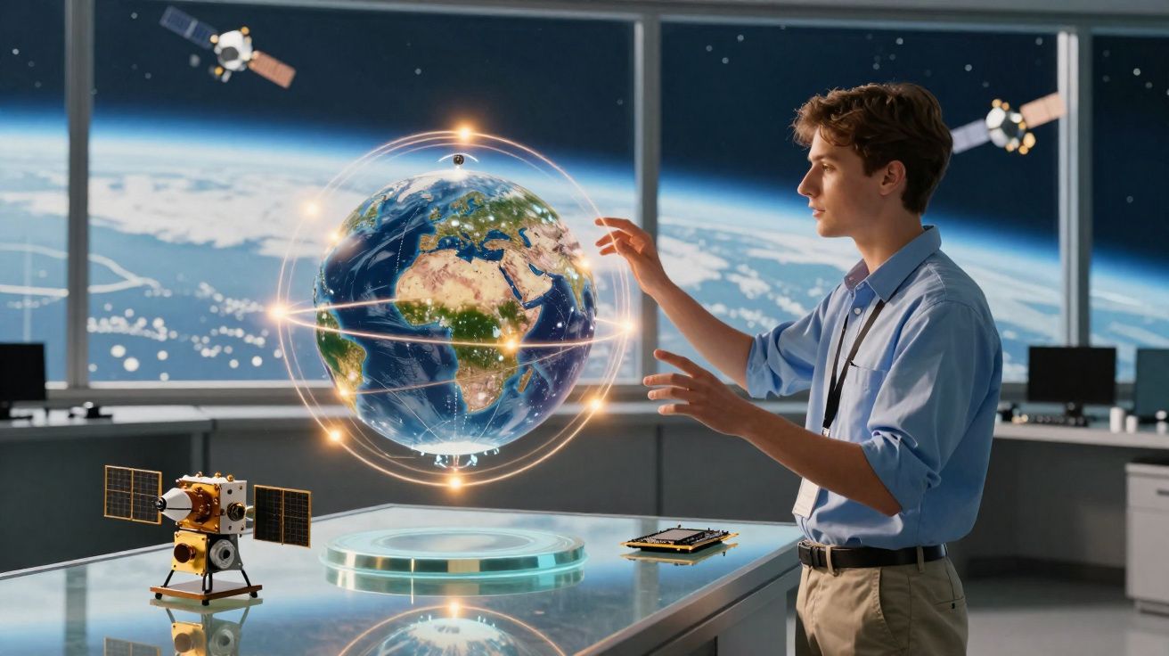 Homem a interagir com globo terrestre digital holográfico, satélites visíveis ao fundo.