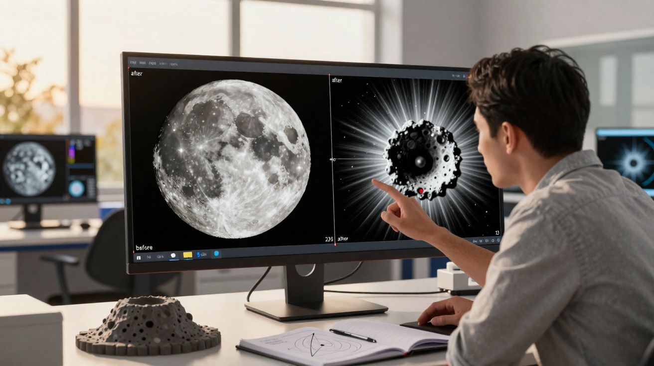 Pessoa a analisar imagens digitais da lua e crateras em dois ecrãs num ambiente de trabalho moderno.