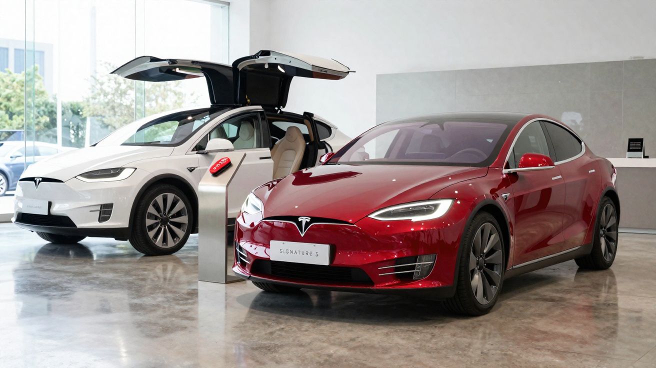 Dois carros Tesla em exposição, um vermelho e um branco com portas traseiras abertas no interior de uma sala moderna.