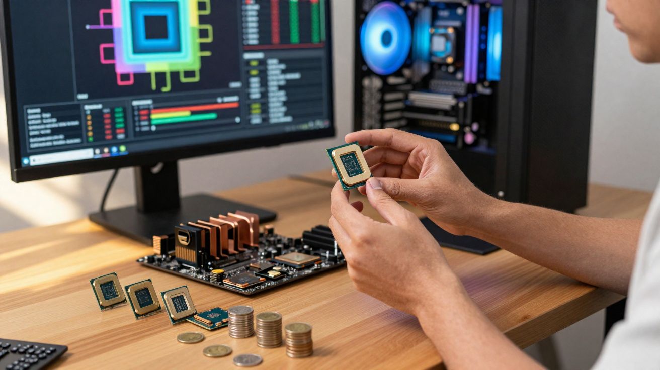 Pessoa segurando um processador, com outros processadores, moedas e placa-mãe numa mesa de trabalho.
