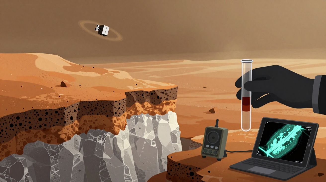Análise científica num terreno marciano com amostra em tubo de ensaio e equipamento tecnológico.