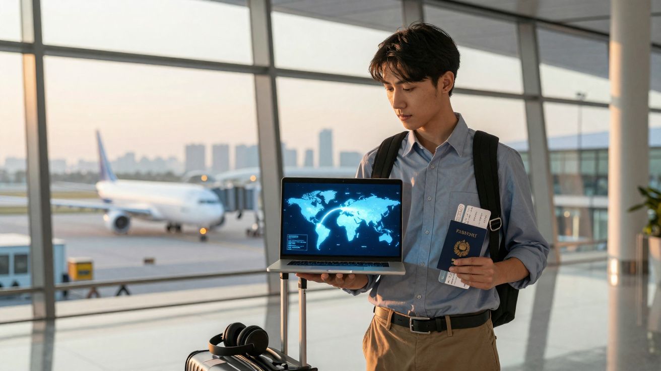 Homem num aeroporto com mochila, passaporte e mapa mundial num portátil, com avião ao fundo.
