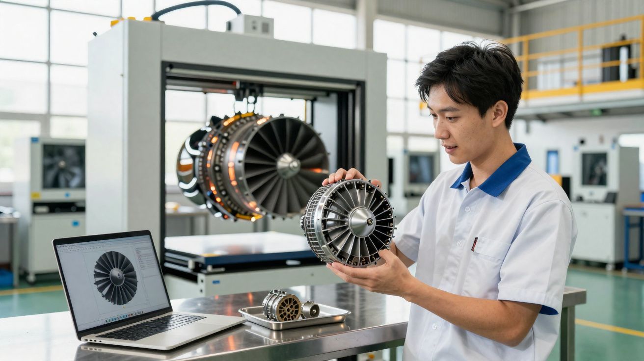 Técnico a analisar componente metálico de turbina em oficina com computador e mais peças sobre mesa.