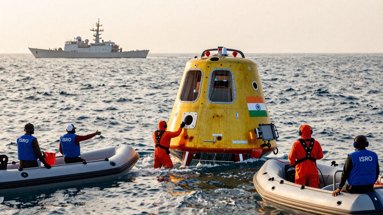 Equipa da ISRO a recuperar módulo amarelo de cápsula espacial flutuando no mar, com navio ao fundo.