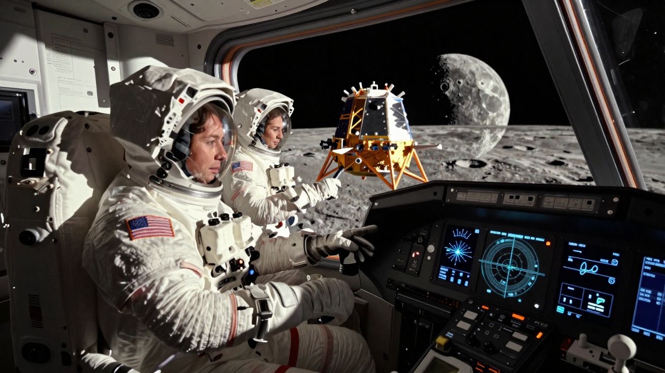 Dois astronautas na cabine de uma nave espacial pousada na Lua, com a Terra ao fundo.
