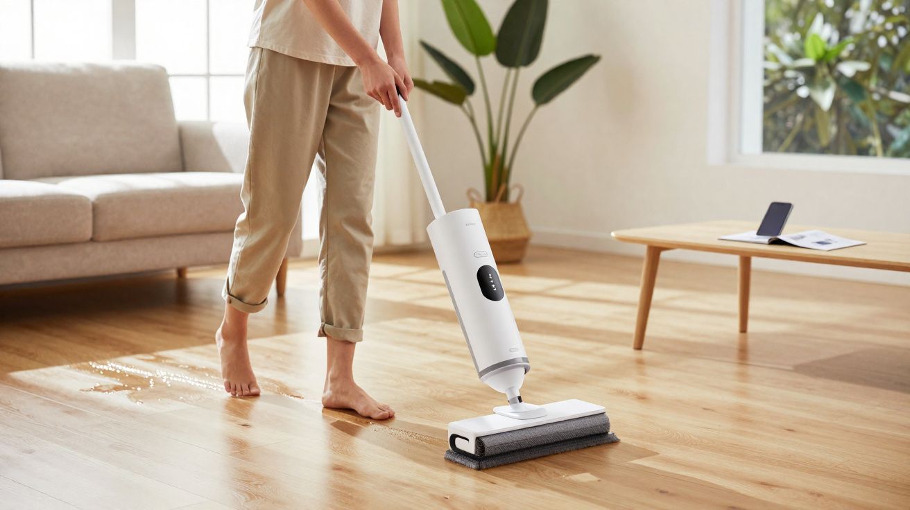 Pessoa a limpar chão de madeira com esfregona elétrica branca numa sala luminosa.