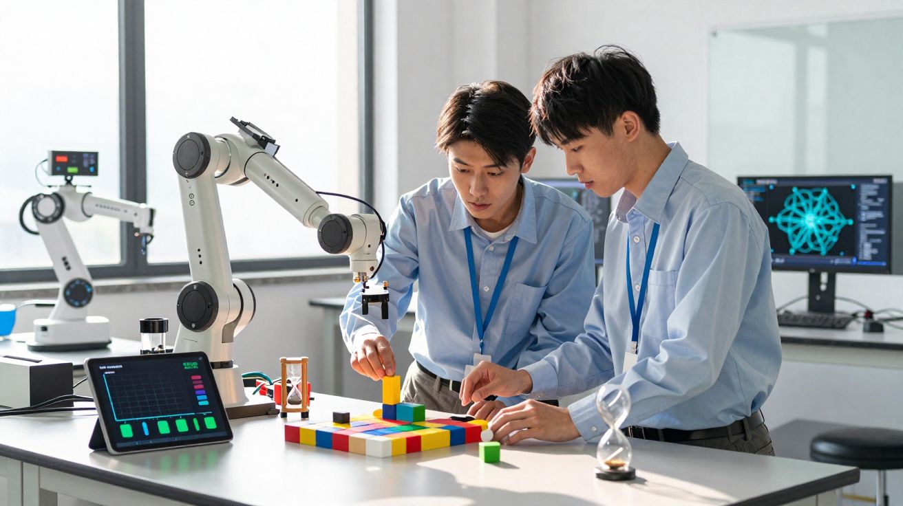 Dois jovens a trabalhar em projeto com robot colaborativo e blocos de construção coloridos numa sala de laboratório.