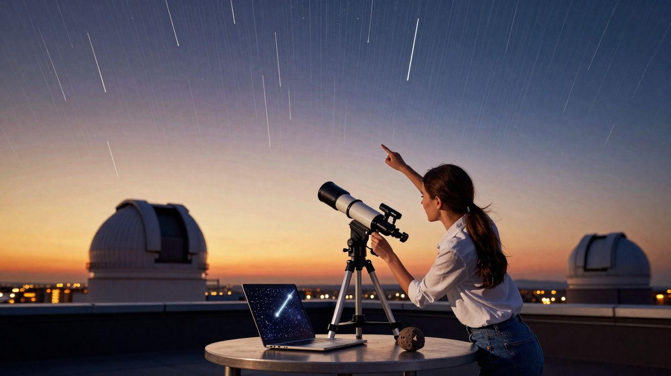 Mulher observa estrelas com telescópio no terraço ao pôr do sol, com traços de estrelas no céu.