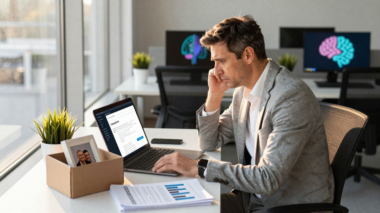 Homem de negócios concentrado a trabalhar num portátil no escritório moderno, com documentos e caixa de lembranças na mesa.