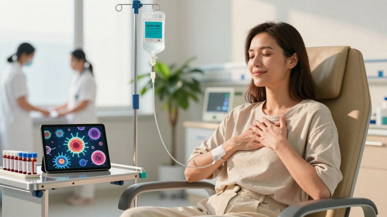 Mulher a receber soro intravenoso sentada, com as mãos no peito e olhos fechados, ambiente clínico moderno.