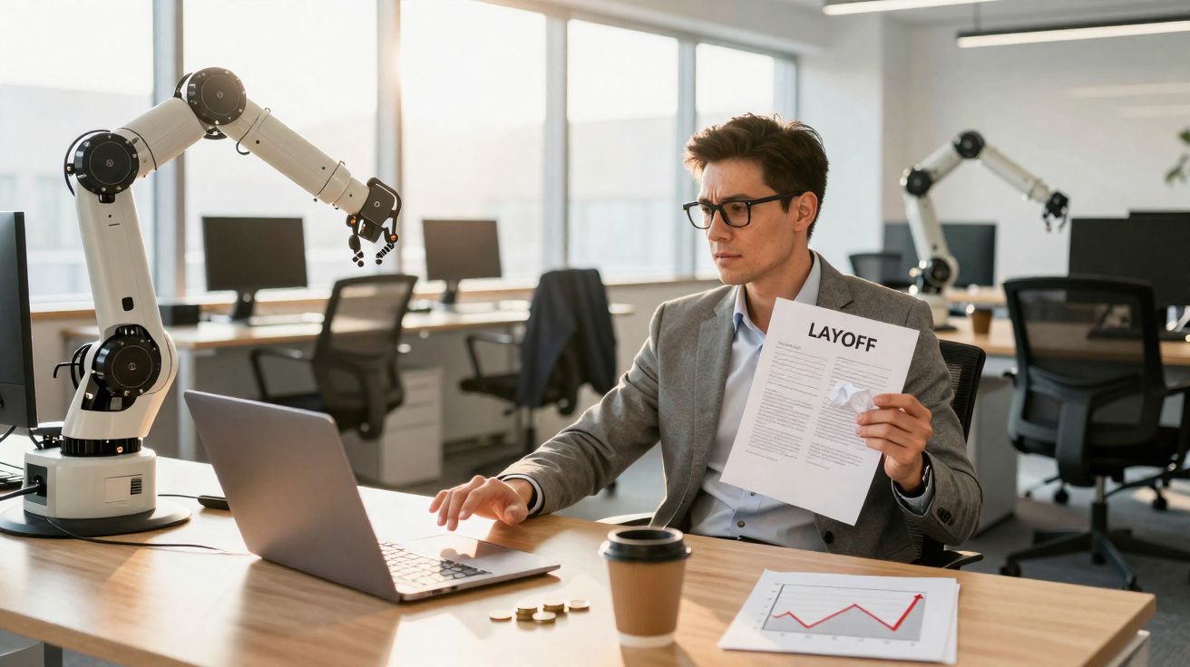Homem sentado em escritório moderno com documento de despedimento na mão e braço robótico ao lado.
