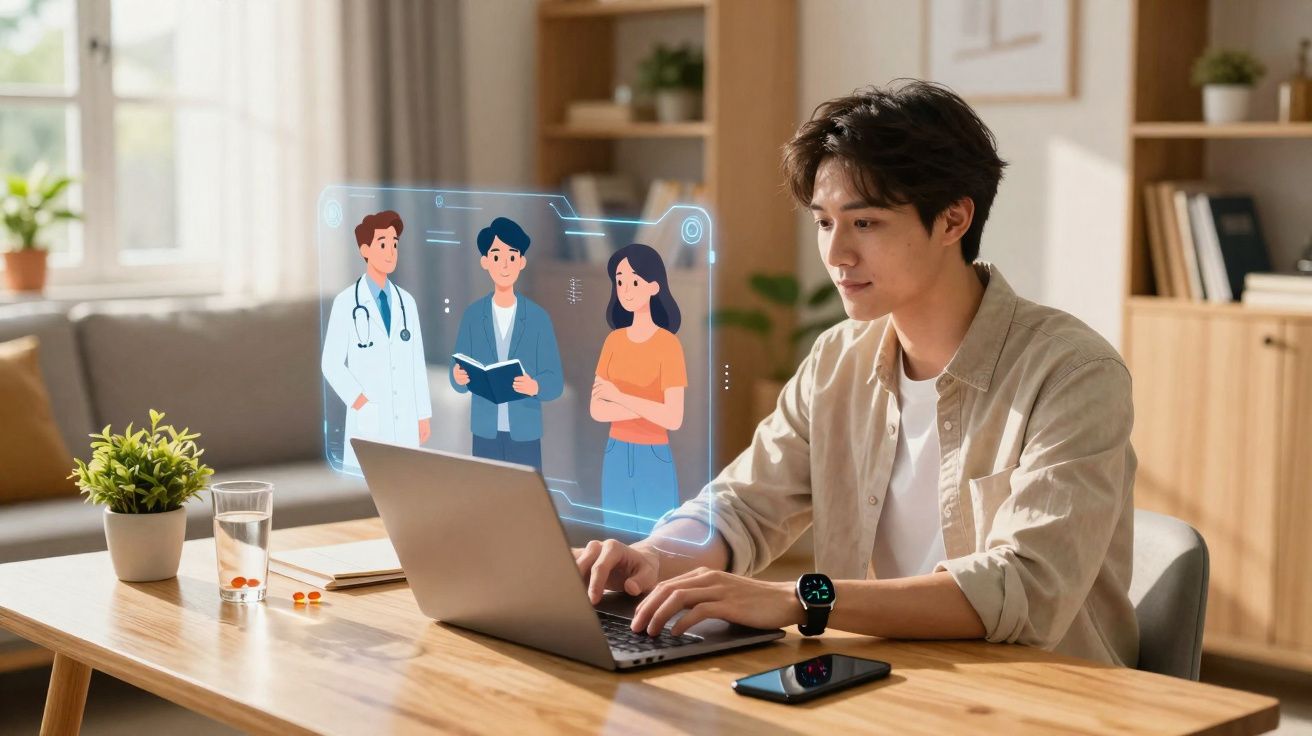 Jovem a usar portátil em casa com holograma de médico e pacientes ao lado, simbolizando consulta médica online.
