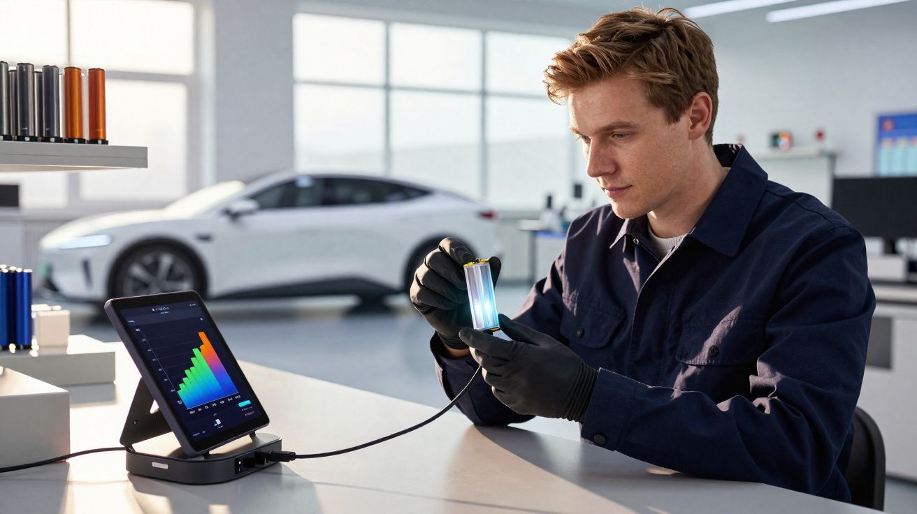 Homem com luvas pretas analisa amostra luminosa ligada a dispositivo com gráfico, carro elétrico branco ao fundo.
