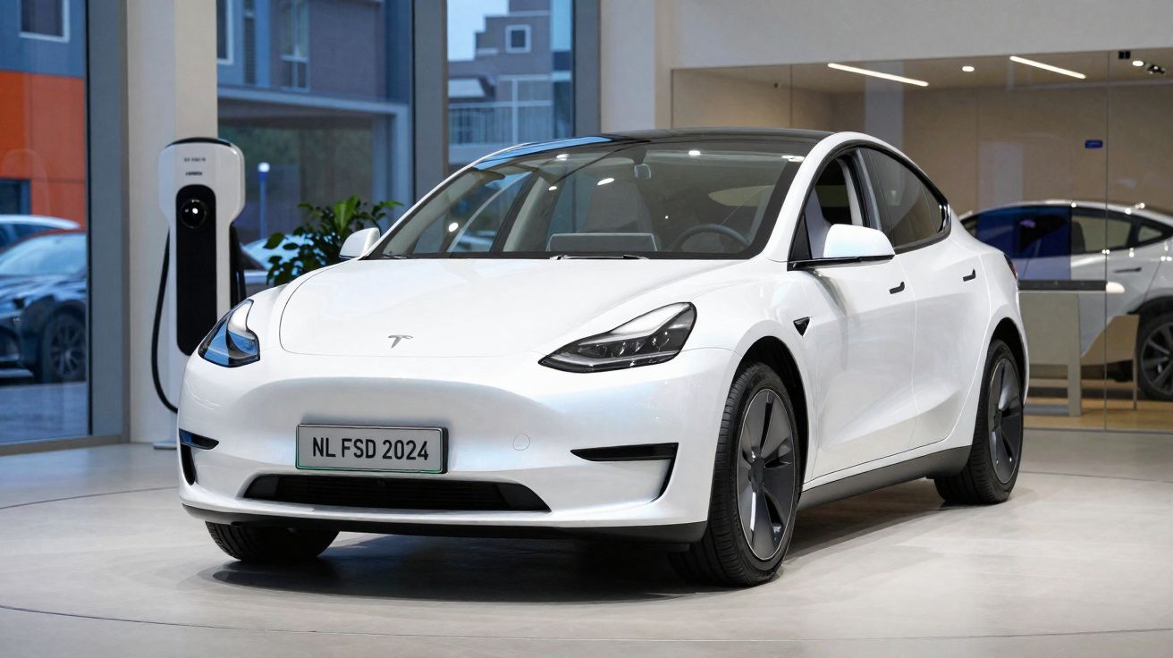 Carro elétrico Tesla branco estacionado em showroom junto a posto de carregamento.