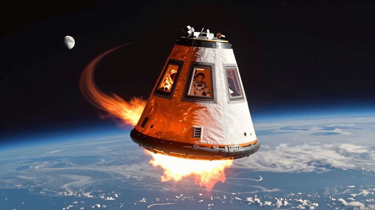 Capsula espacial a reentrar na atmosfera da Terra com fogo e astronautas visíveis nas janelas.