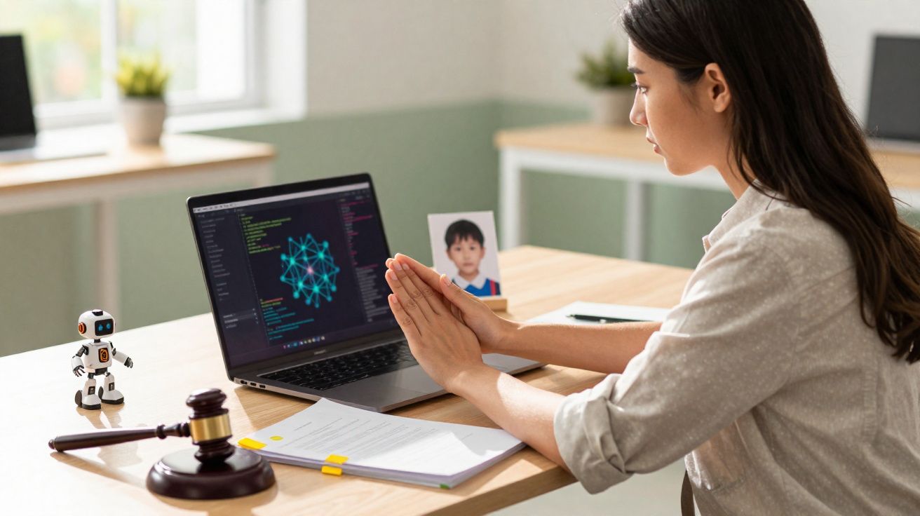Mulher sentada à secretária a meditar diante de laptop com código, com martelo de juiz e robot ao lado.
