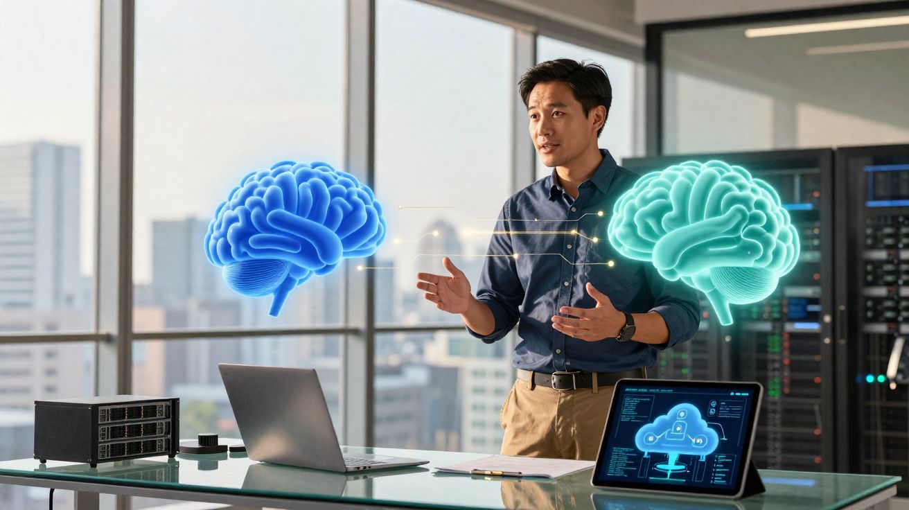 Homem em escritório a apresentar projeções digitais de cérebros azuis e verdes entre laptops e equipamentos.