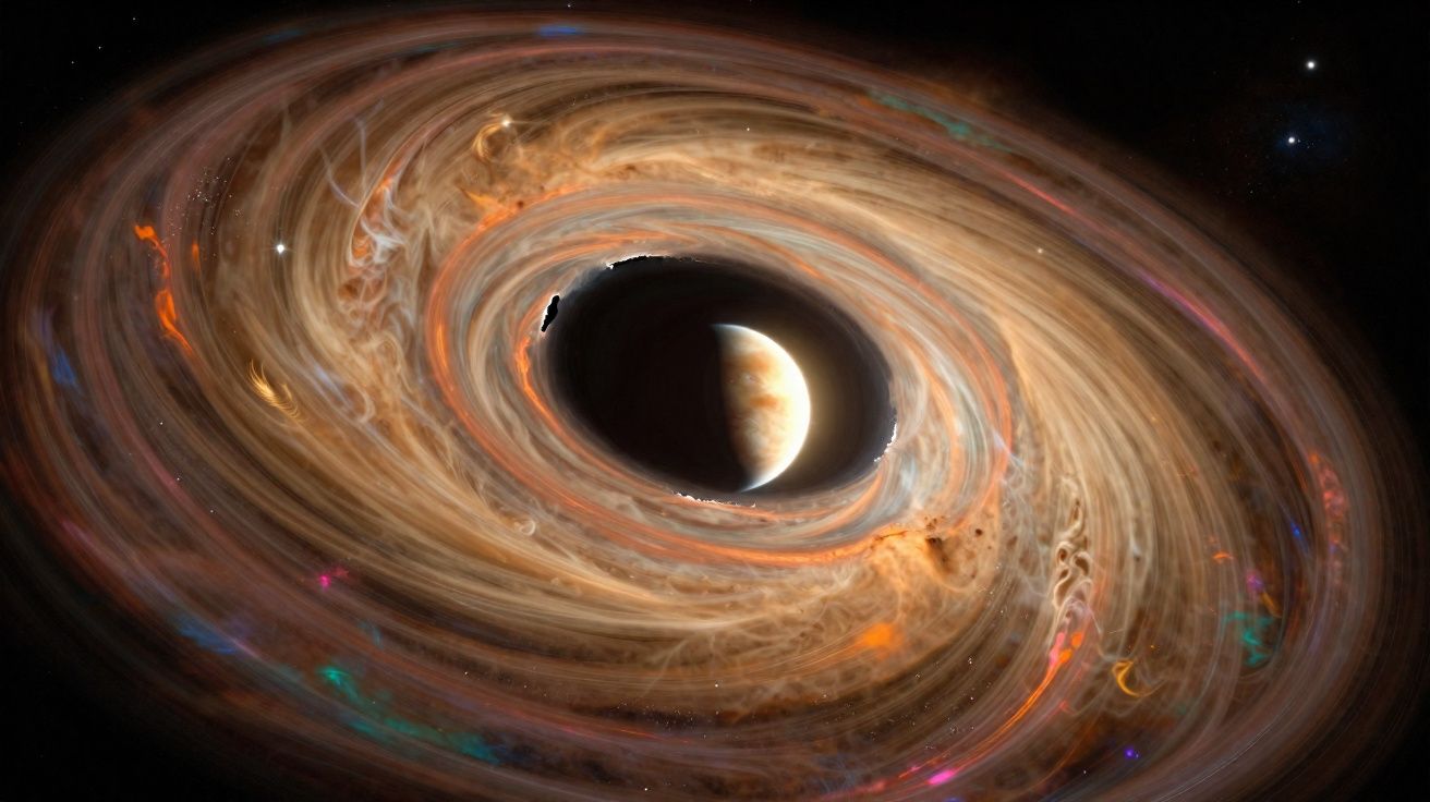 Planeta com anéis de gás e poeira num espaço escuro estrelado, ilustrando um sistema planetário.