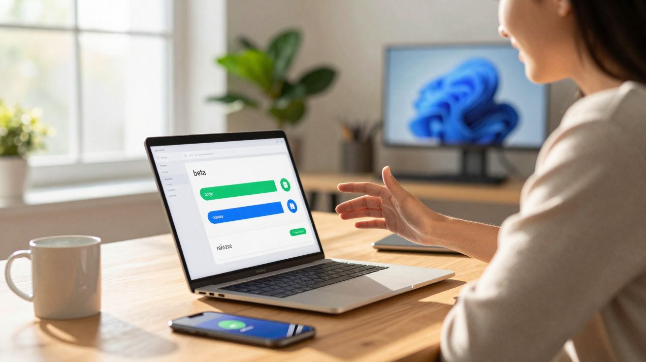 Pessoa a usar laptop com aplicação de tradução aberta numa mesa com telemóvel e chávena junto a uma janela iluminada.