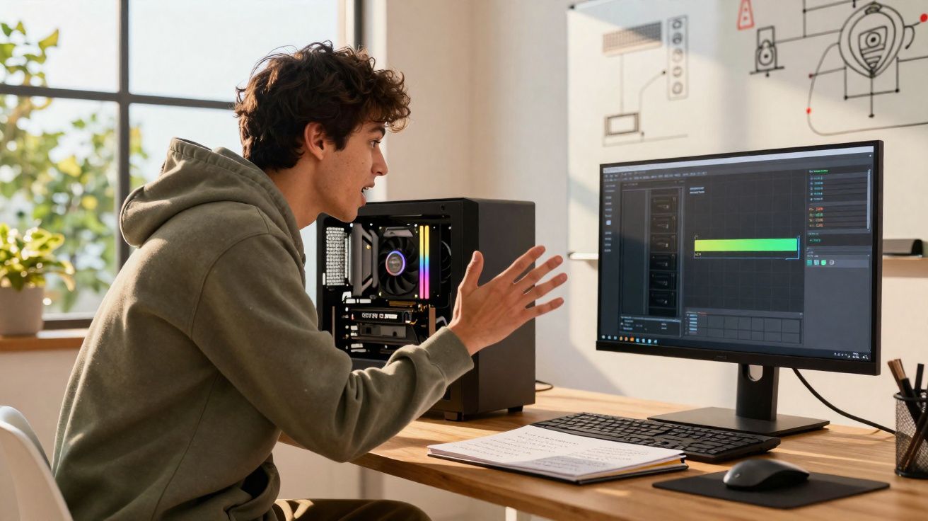Jovem surpreendido e animado a olhar para ecrã de computador numa sala iluminada.