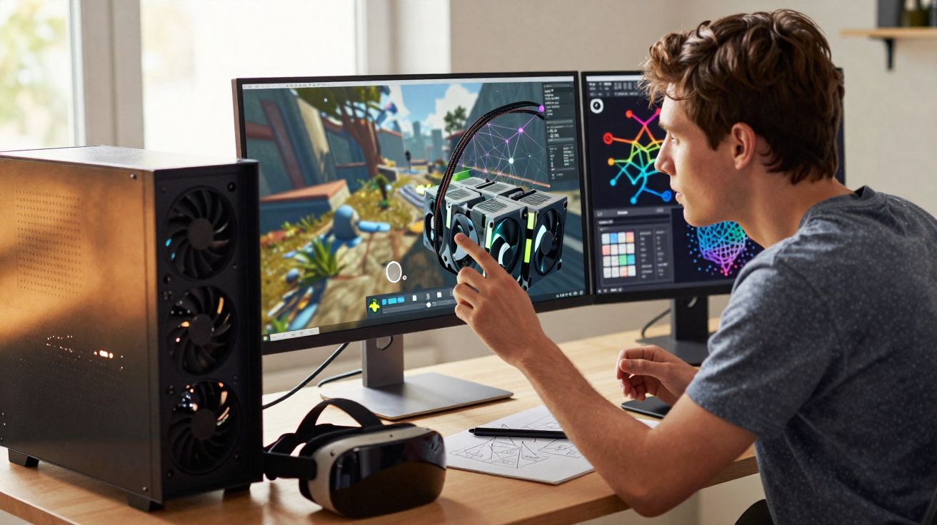 Jovem a trabalhar na modelação 3D de equipamento de realidade virtual num computador com dois ecrãs.