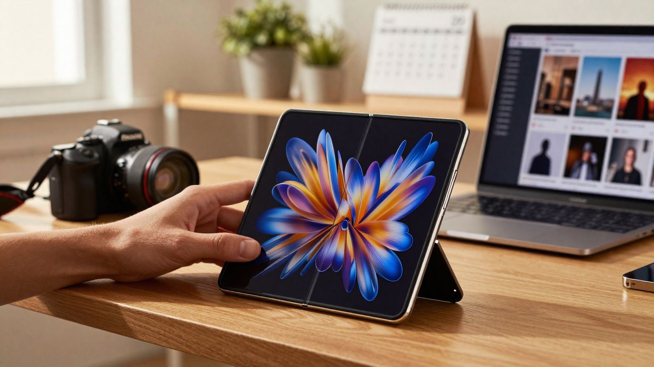 Mão a segurar smartphone dobrável com ecrã aberto em mesa com câmara, computador portátil e plantas desfocadas.