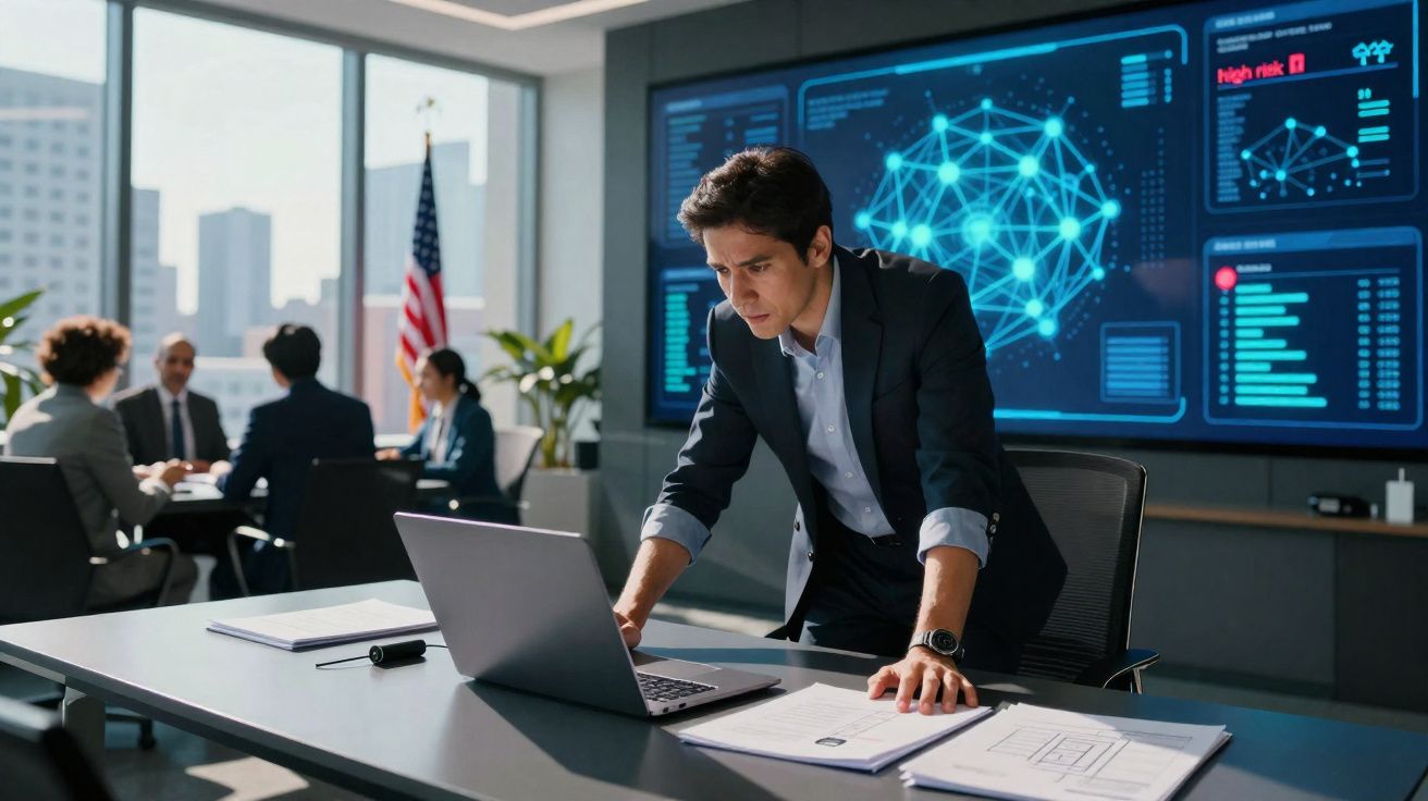 Homem de negócios a trabalhar num portátil numa sala de reuniões com gráficos digitais projetados na parede.