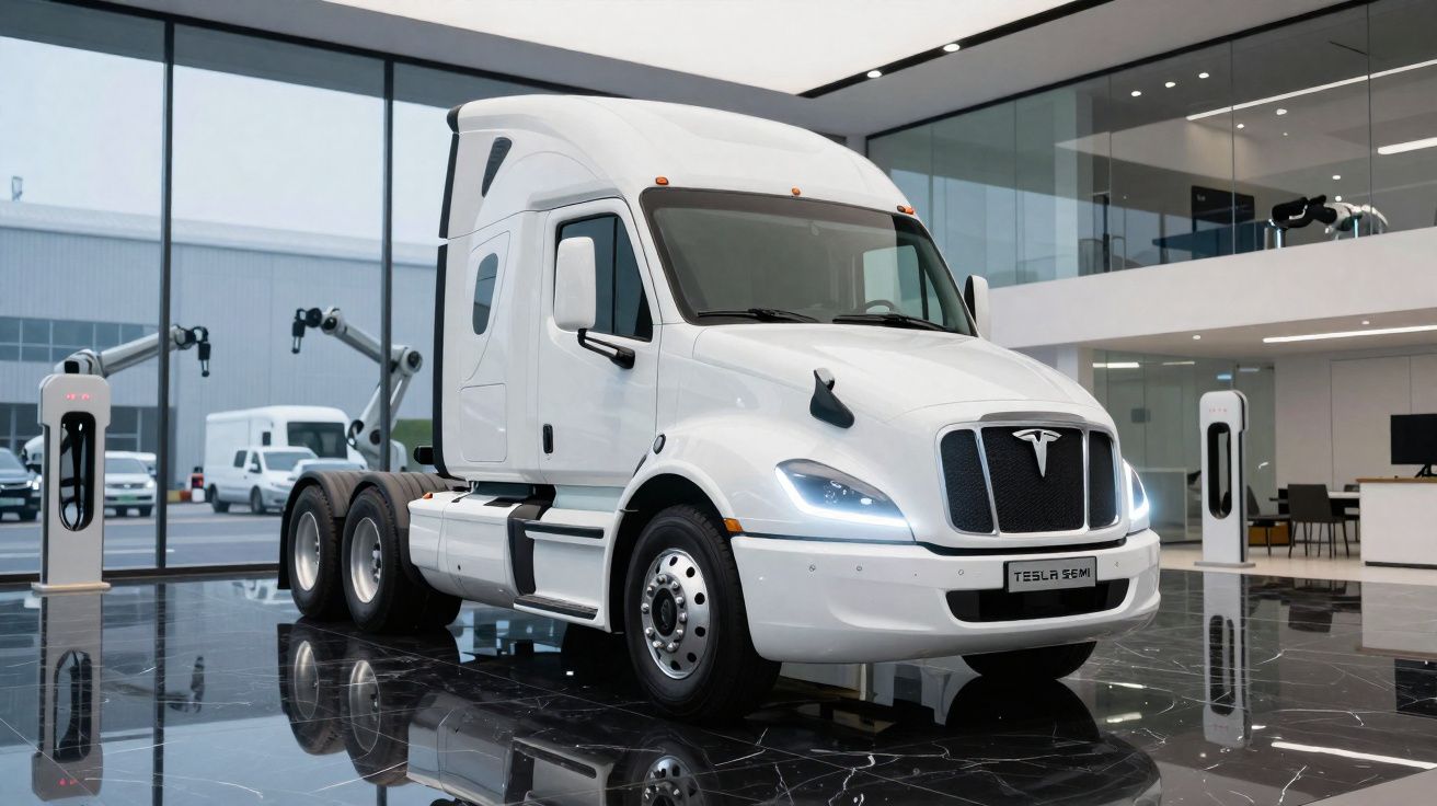 Camião elétrico Tesla Semi branco exposto em showroom moderno com chão brilhante e carregadores elétricos.