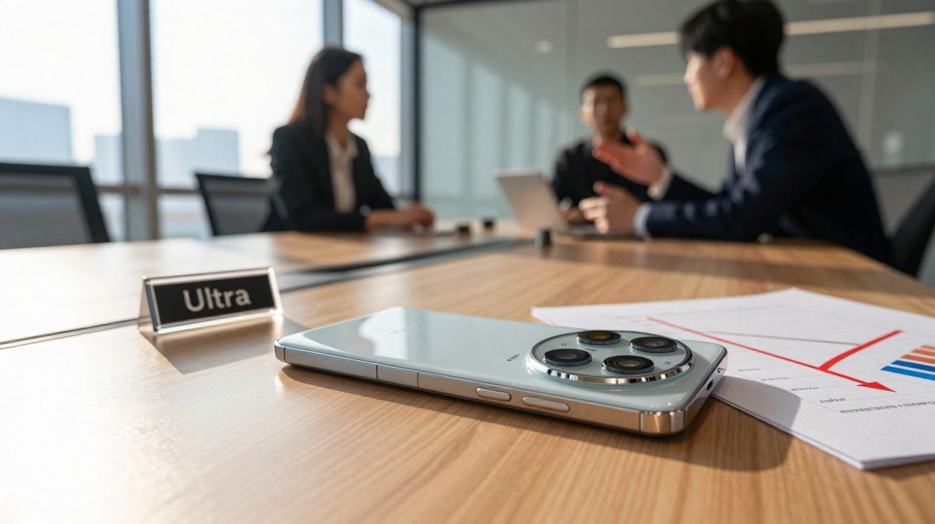 Smartphone sobre mesa de reunião com três pessoas a discutir ao fundo em escritório moderno.
