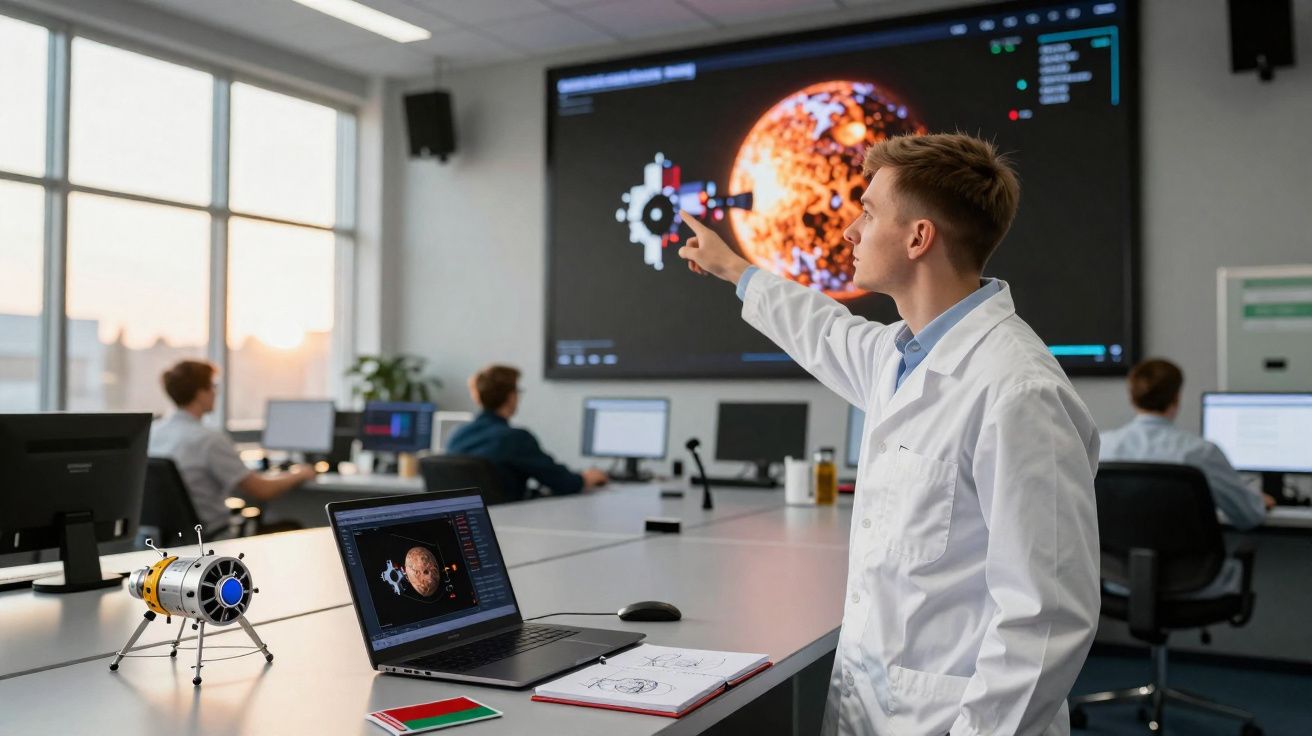 Cientista em bata branca aponta para ecrã com imagem de planeta num laboratório tecnológico moderno.