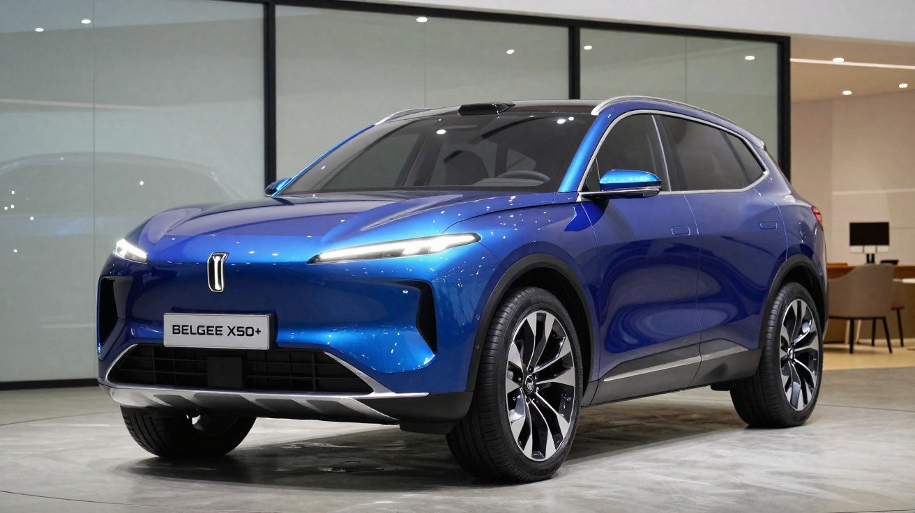 Carro SUV elétrico azul Bélgee X50+ em exposição num salão moderno com iluminação interior.