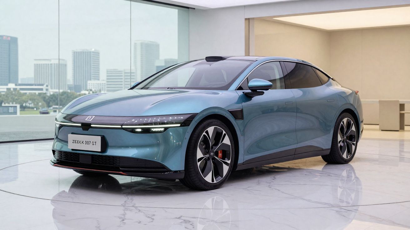 Carro elétrico azul-metalizado Zeekr 007 GT em showroom moderno com grandes janelas e chão de mármore.