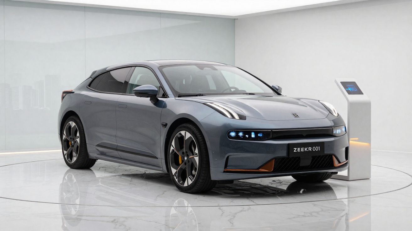 Carro elétrico cinzento ZEEKR 001 em exposição numa sala moderna com chão de mármore branco.