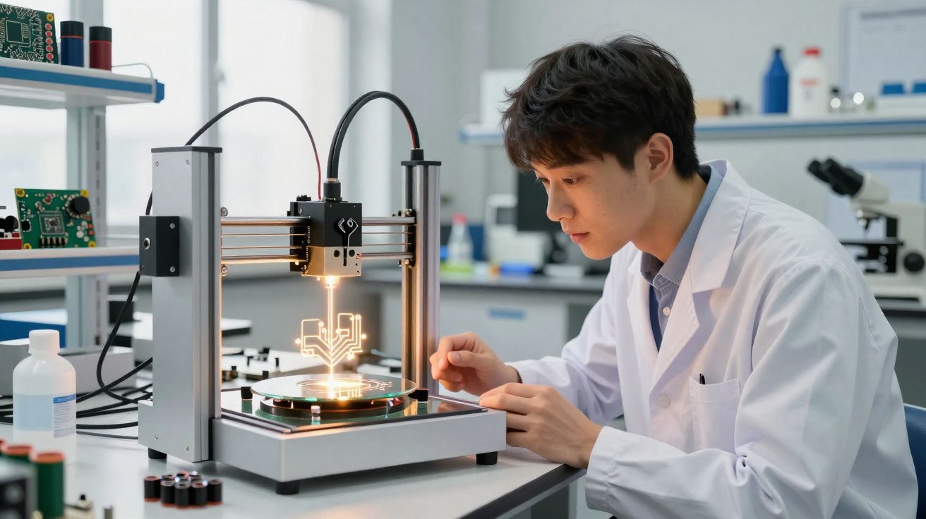 Homem de bata branca a observar uma máquina de impressão 3D a criar um circuito luminoso numa bancada de laboratório.