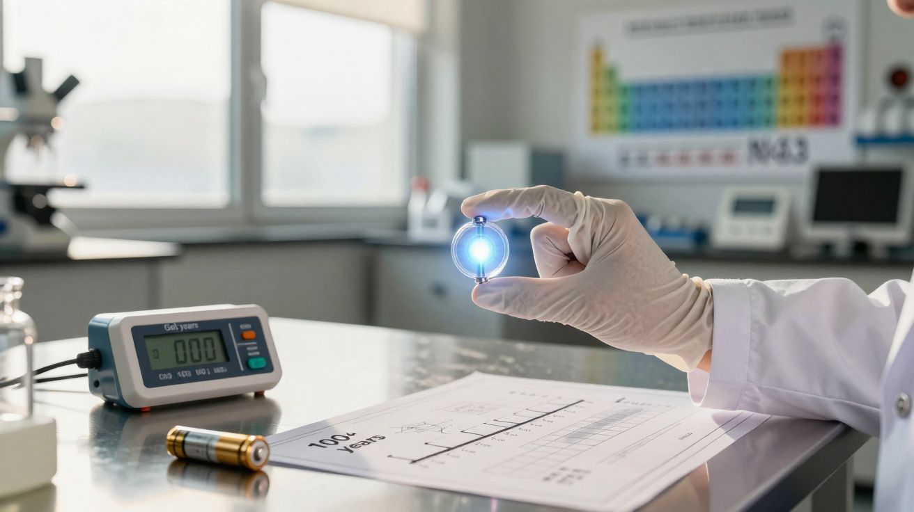 Mão com luva segura bateria brilhante sobre mesa de laboratório com aparelho e documento científico.