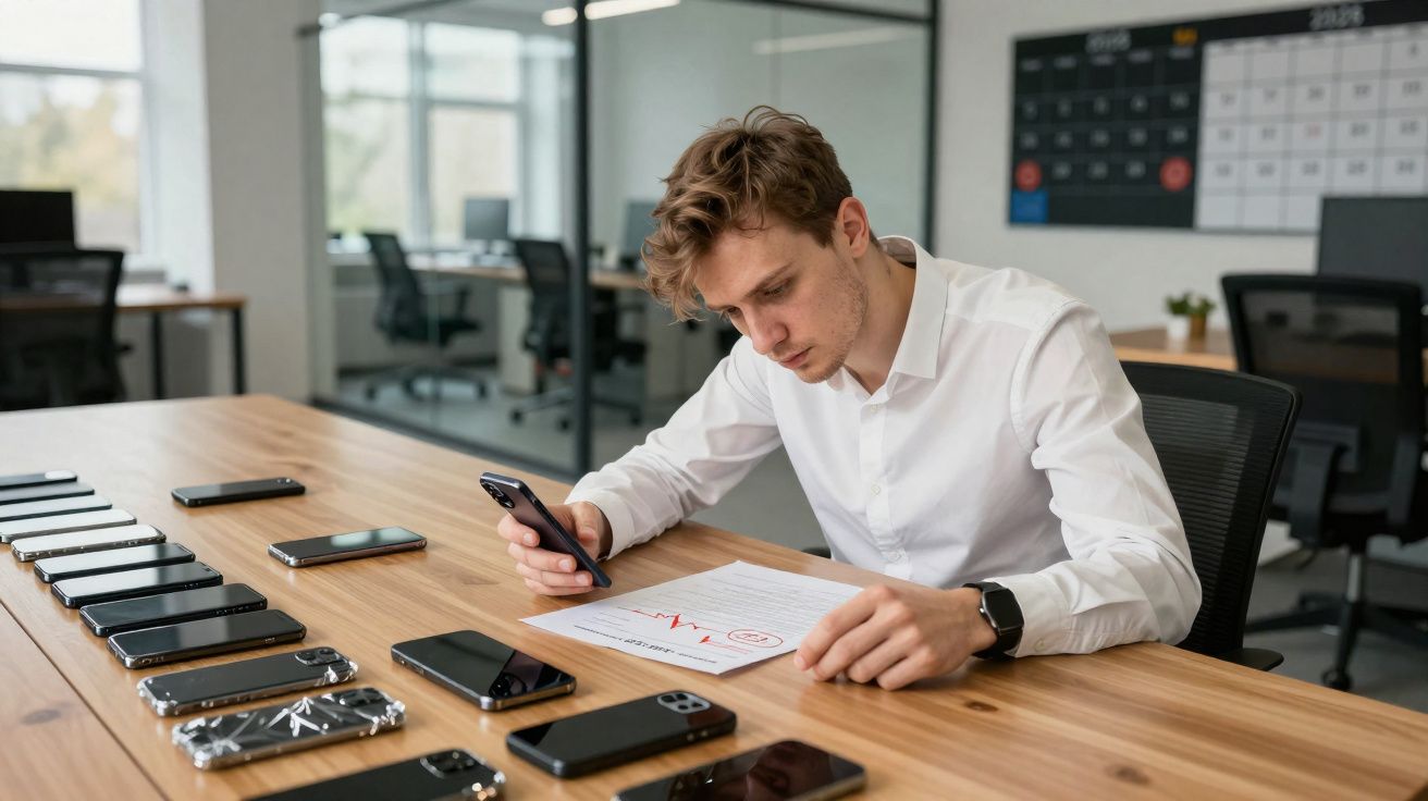 Homem sentado à mesa com vários telemóveis alinhados, a consultar documento e a usar telemóvel numa sala de escritório.